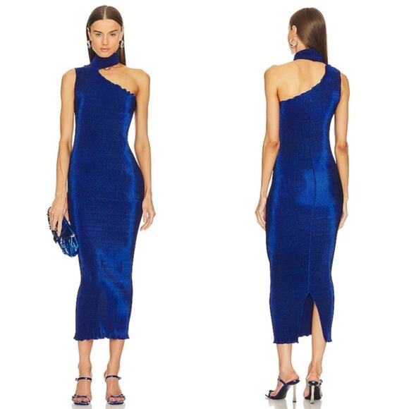 L’IDEE Regal Blue 90s One Shoulder High Neck Satin Plisse Lettuce Hemline Dress - Picture 1 of 16